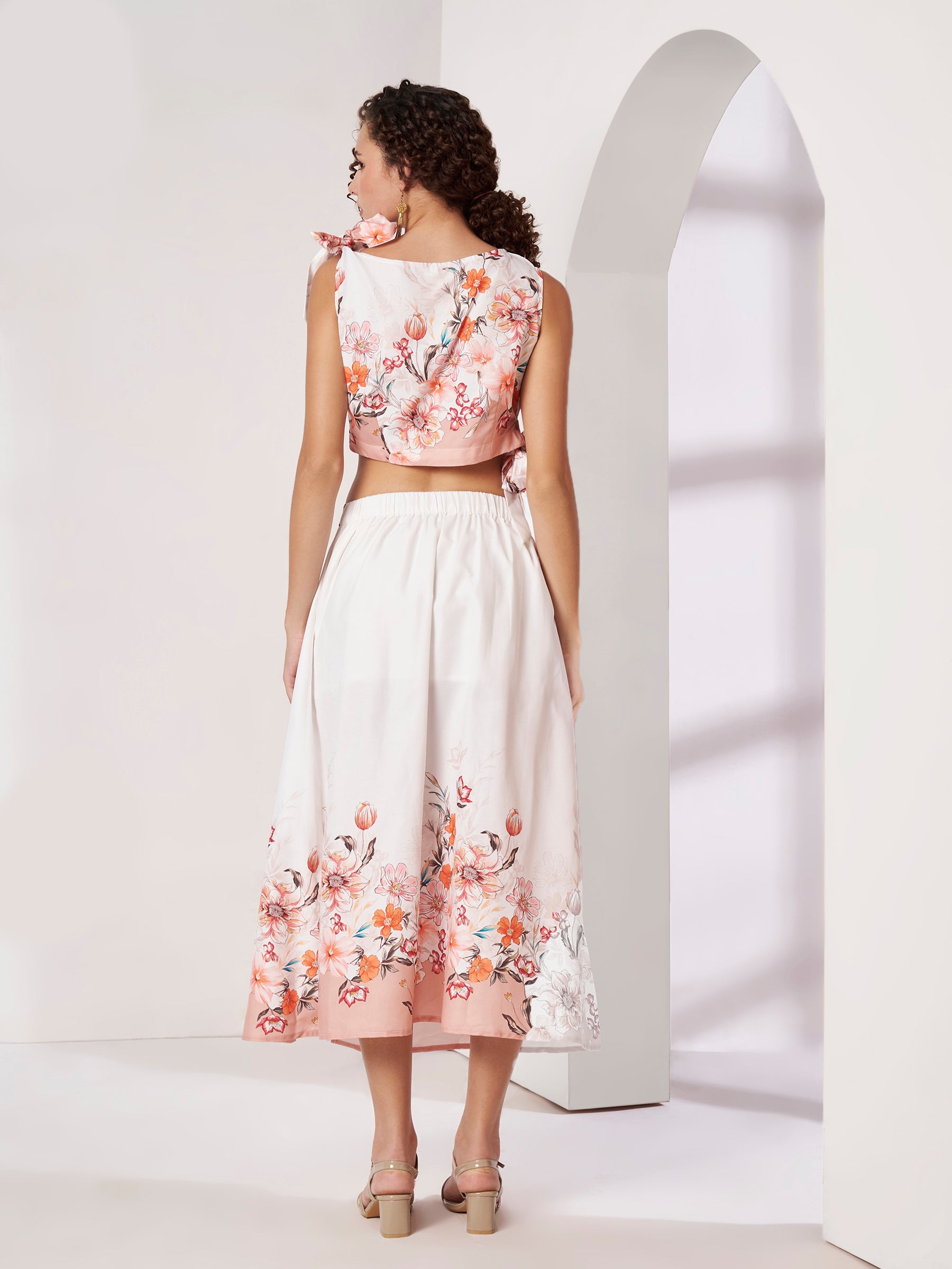 Women's White Floral Crop Top & Wrap Midi Skirt Co-Ord Set