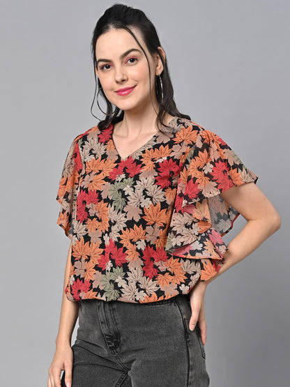 Valbone Women’s Orange Georgette Print Top Short Sleeves