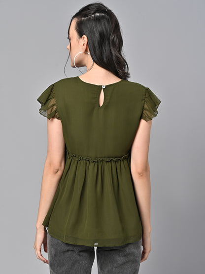 Valbone Women’s Olive Green Georgette Solid Top With Short-Sleeves