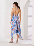 Women's White & Blue Floral Handkerchief Hem Maxi Dress
