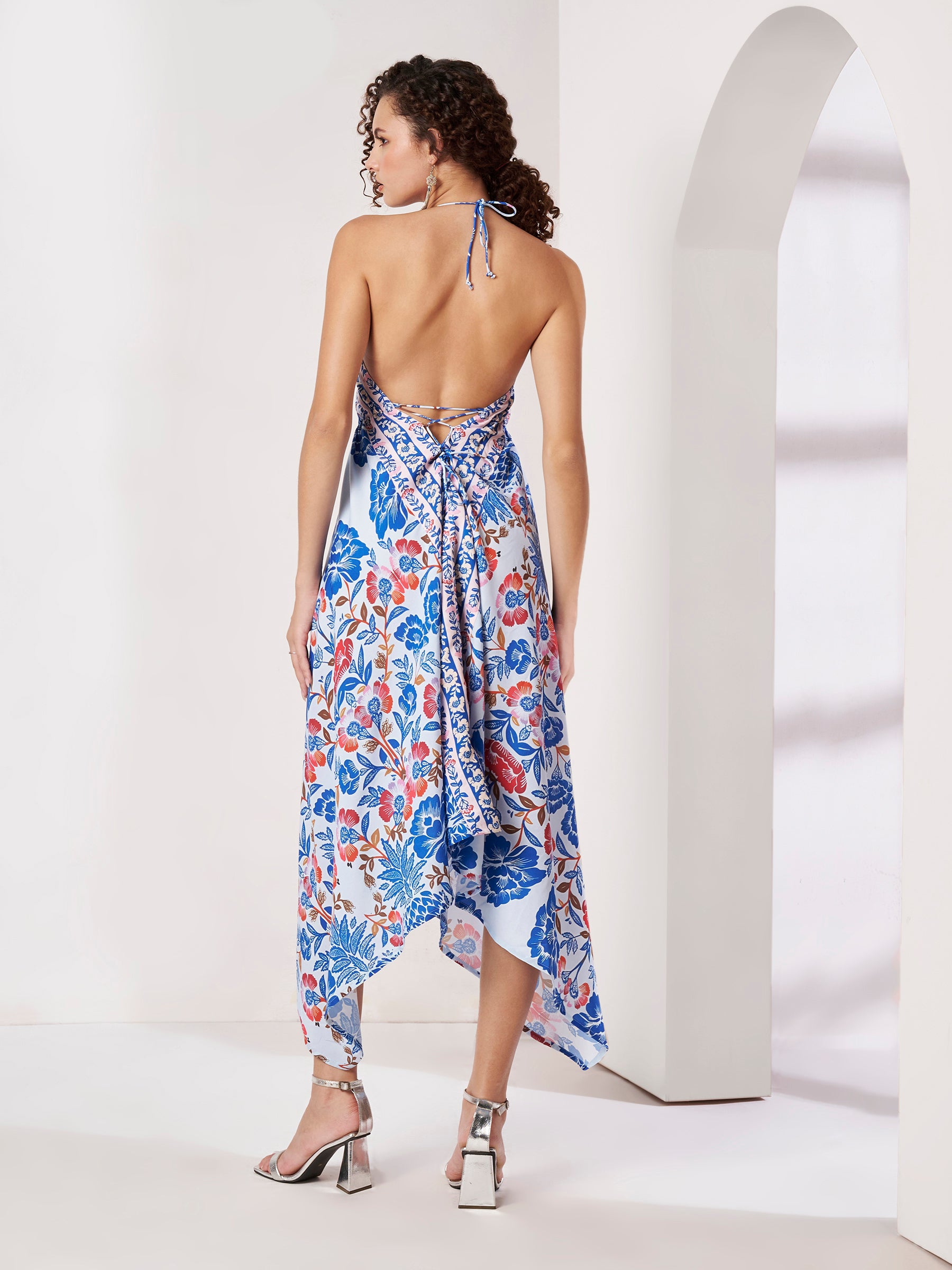 Women's White & Blue Floral Handkerchief Hem Maxi Dress