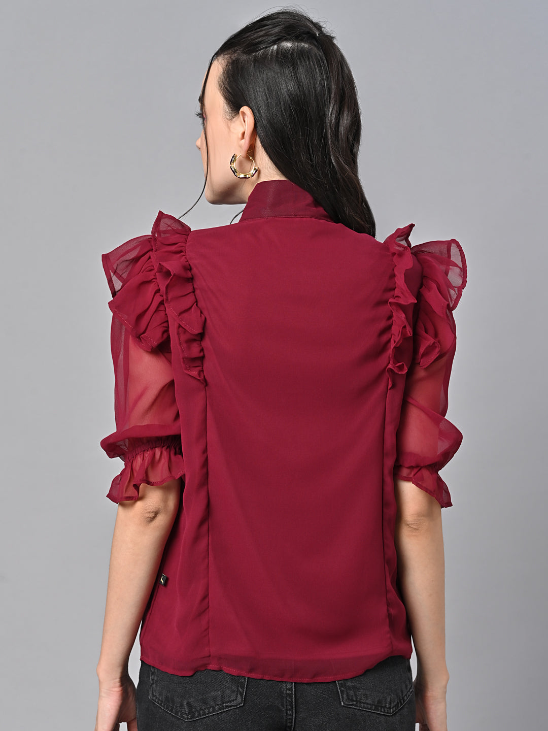 Valbone Women’s Red Georgette Floral Solid Top With Half-Sleeves