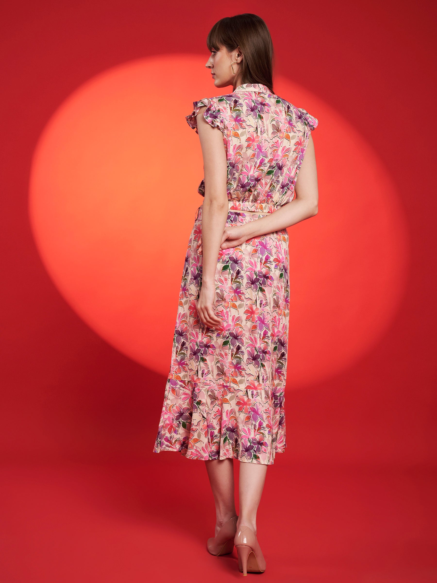 Blush Pink Floral Belted Midi Dress