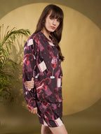 Burgundy Wine Printed Shirt-Shorts Co-Ord Set