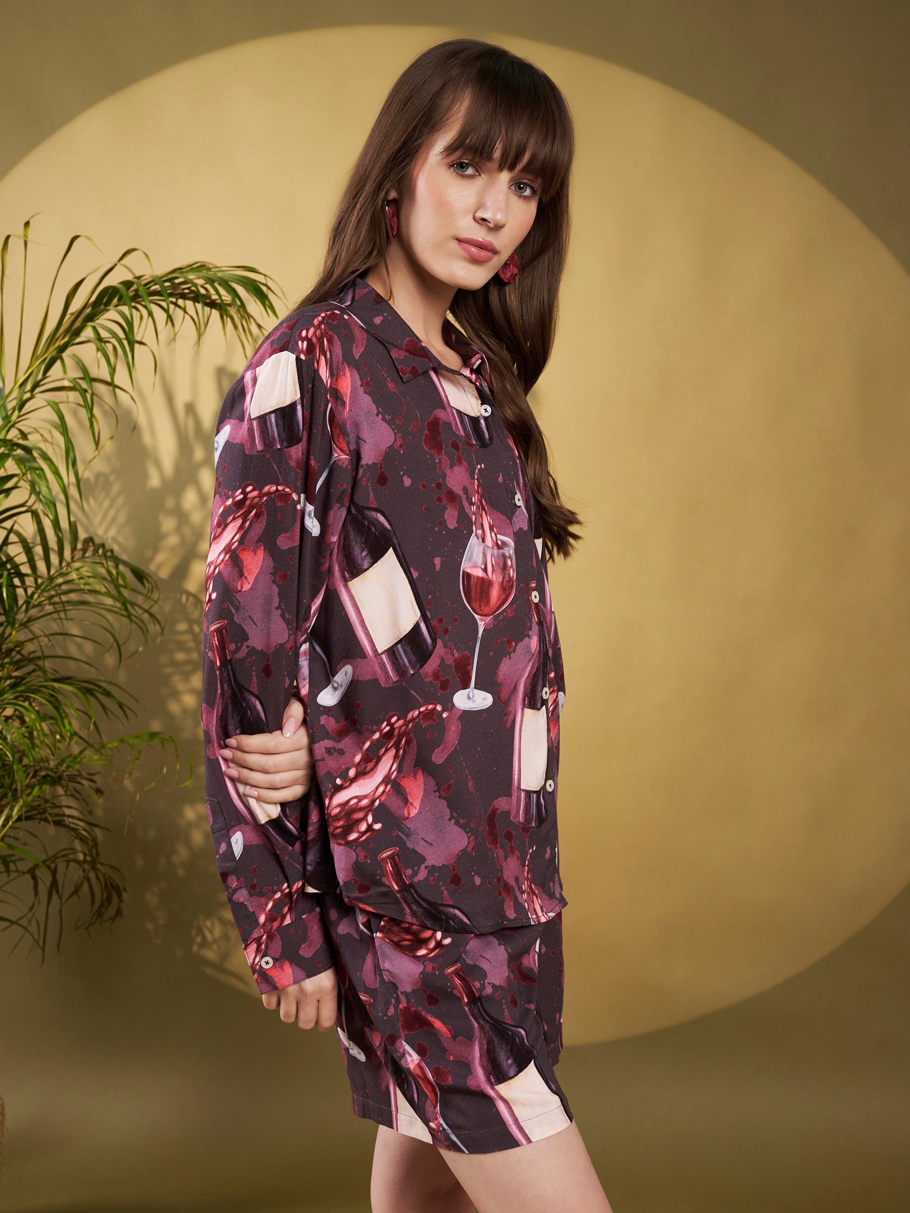 Burgundy Wine Printed Shirt-Shorts Co-Ord Set