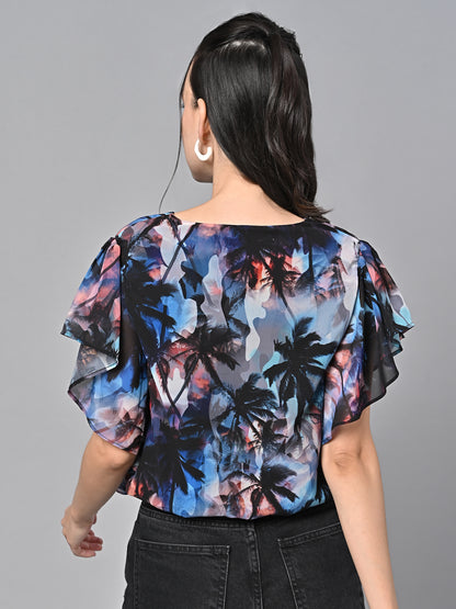 Valbone Women’s Digital Printed Georgette Top With Short-Sleeves