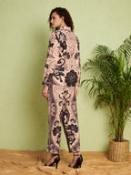 Women's Beige & Black Printed Shirt & Straight-Fit Pants Co-Ord Set