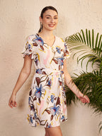 Women's White Floral Wrap Mini Dress with Waist Tie Belt