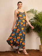 Women's Olive Green Floral Printed Tiered Maxi Dress | Sleeveless Tie-Up Waist Summer Dress