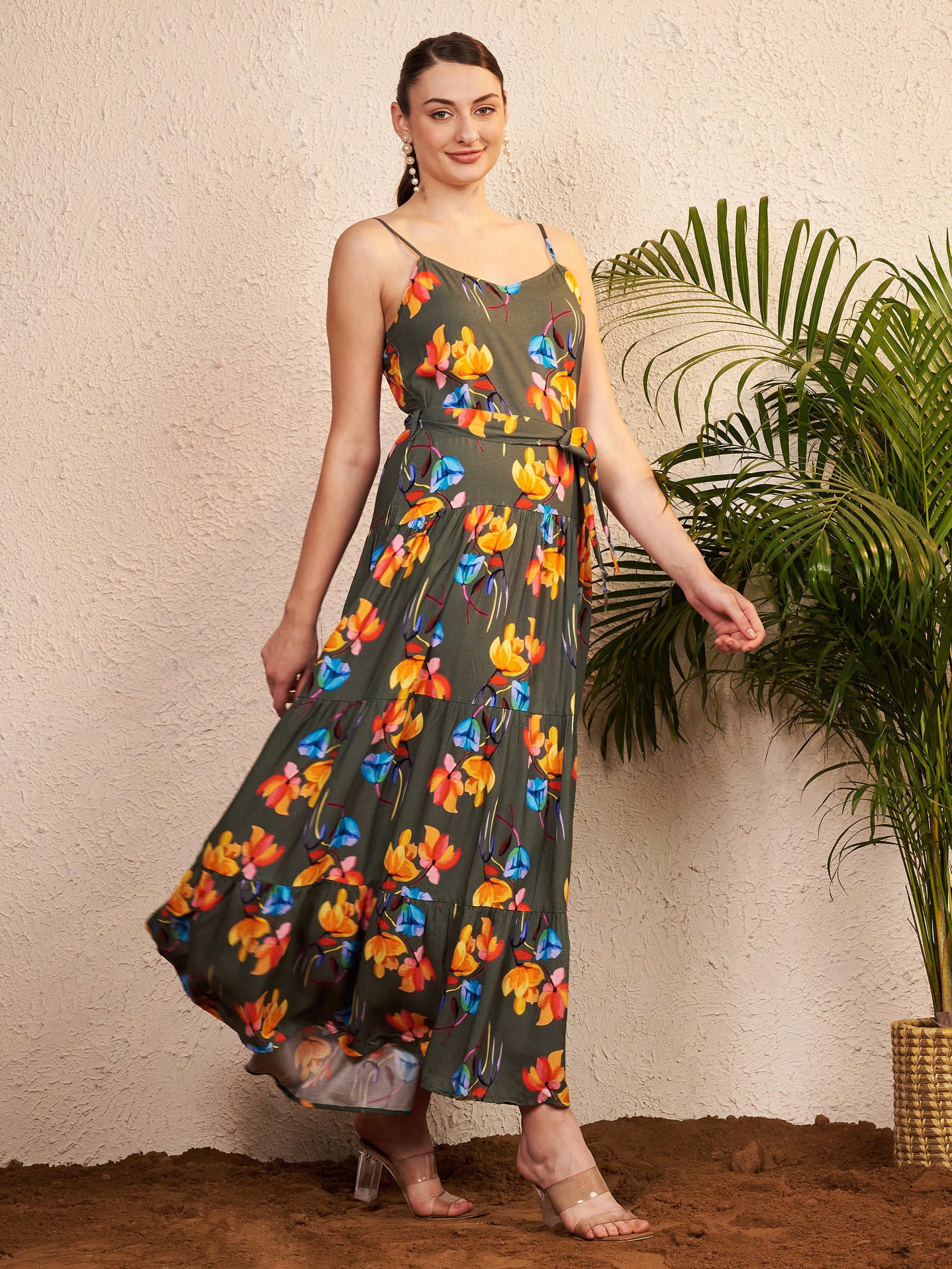 Women's Olive Green Floral Printed Tiered Maxi Dress | Sleeveless Tie-Up Waist Summer Dress