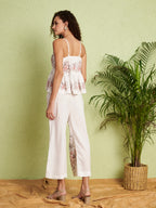 White Floral Peplum Top & Wide-Leg Pants Co-Ord Set