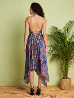 Women's Purple Floral Handkerchief Hem Midi Dress
