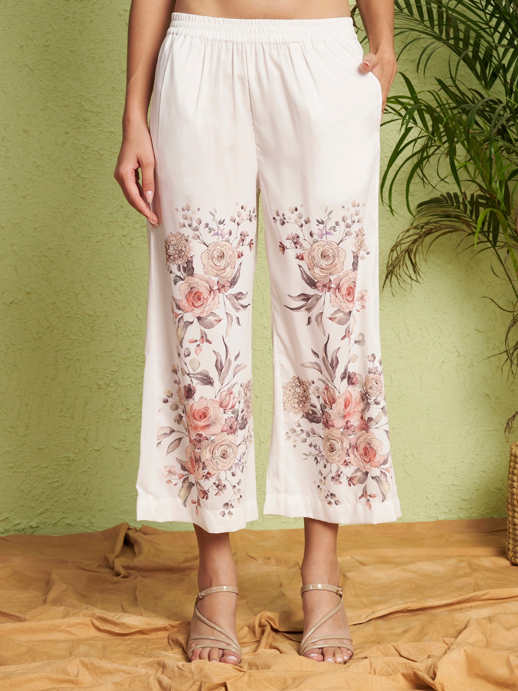 White Floral Peplum Top & Wide-Leg Pants Co-Ord Set