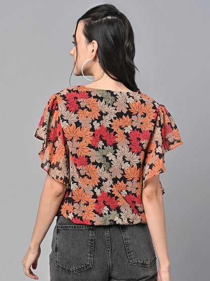 Valbone Women’s Orange Georgette Print Top Short Sleeves