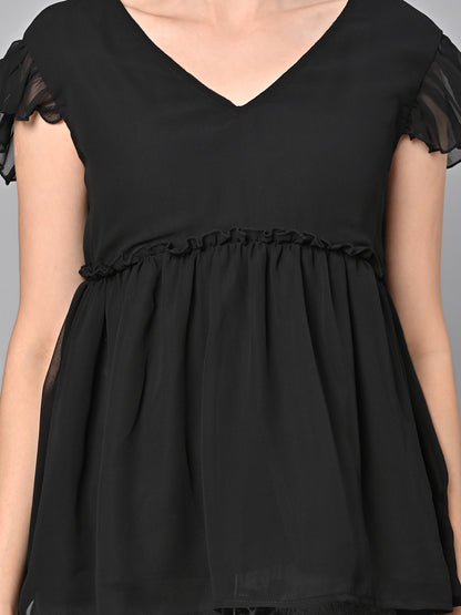 Valbone Women’s Black Georgette Solid Top With Short-Sleeves