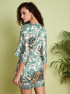 Women's Green Botanical Kimono Wrap Mini Dress