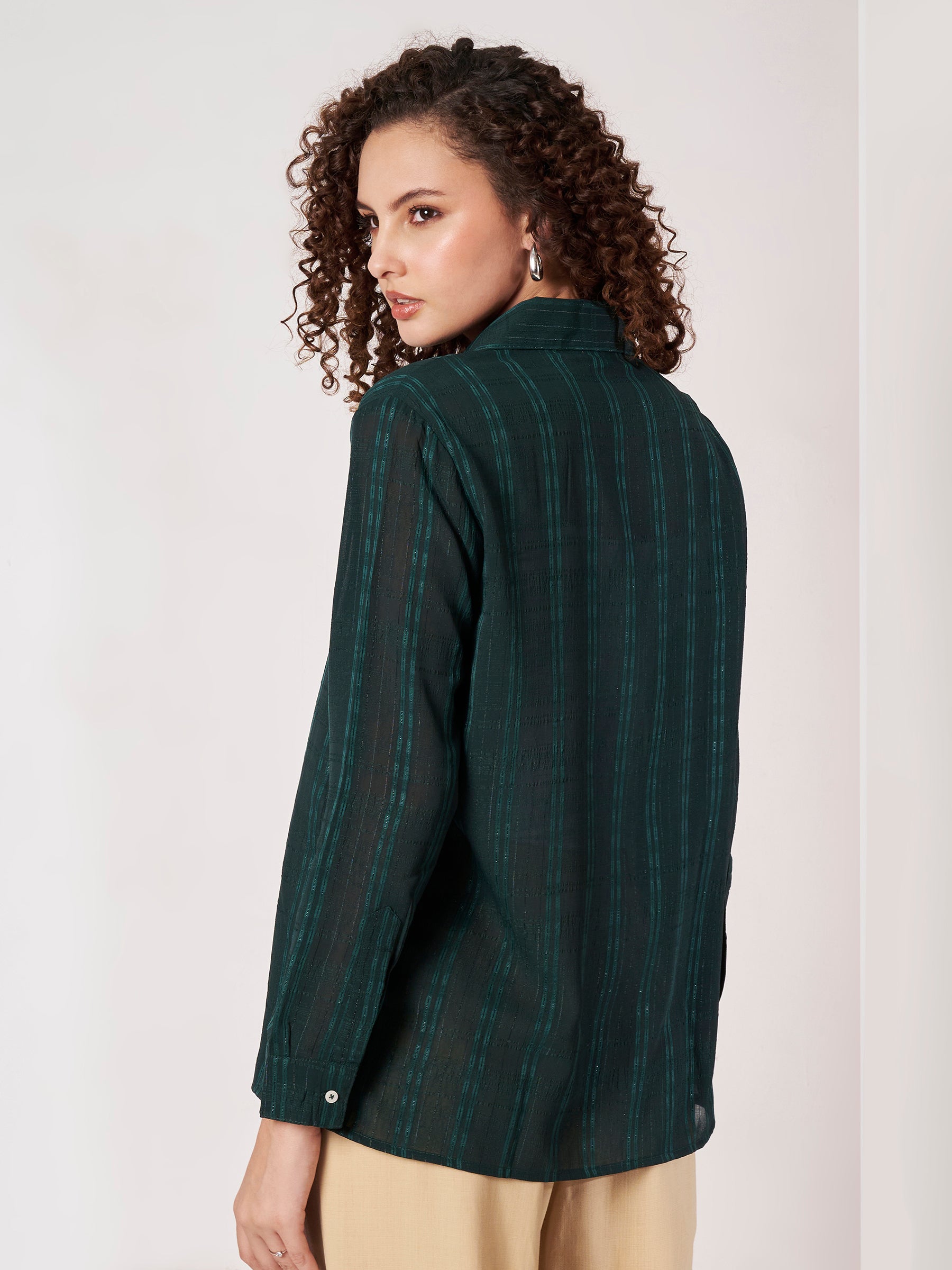Women Dark Green Textured Regular Fit Full Sleeve Casual Shirt