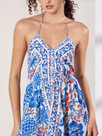 Women's White & Blue Floral Handkerchief Hem Maxi Dress