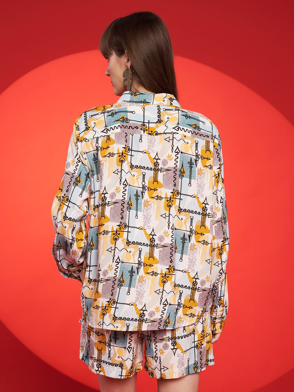 Mustard & Grey Abstract Printed Shirt-Shorts Co-Ord Set