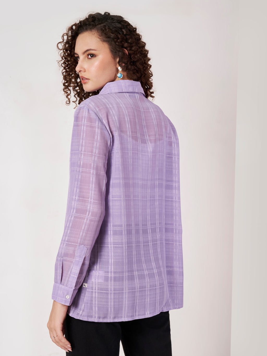 Women Lavender Checked Regular Fit Full Sleeve Casual Shirt