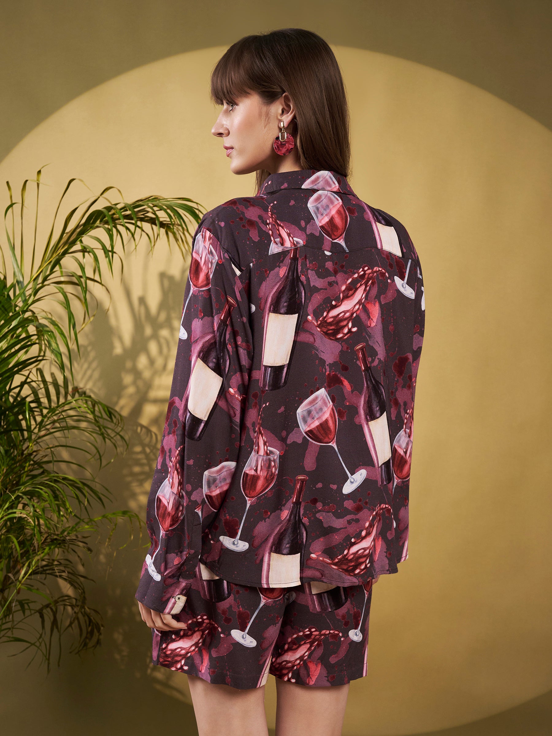 Burgundy Wine Printed Shirt-Shorts Co-Ord Set