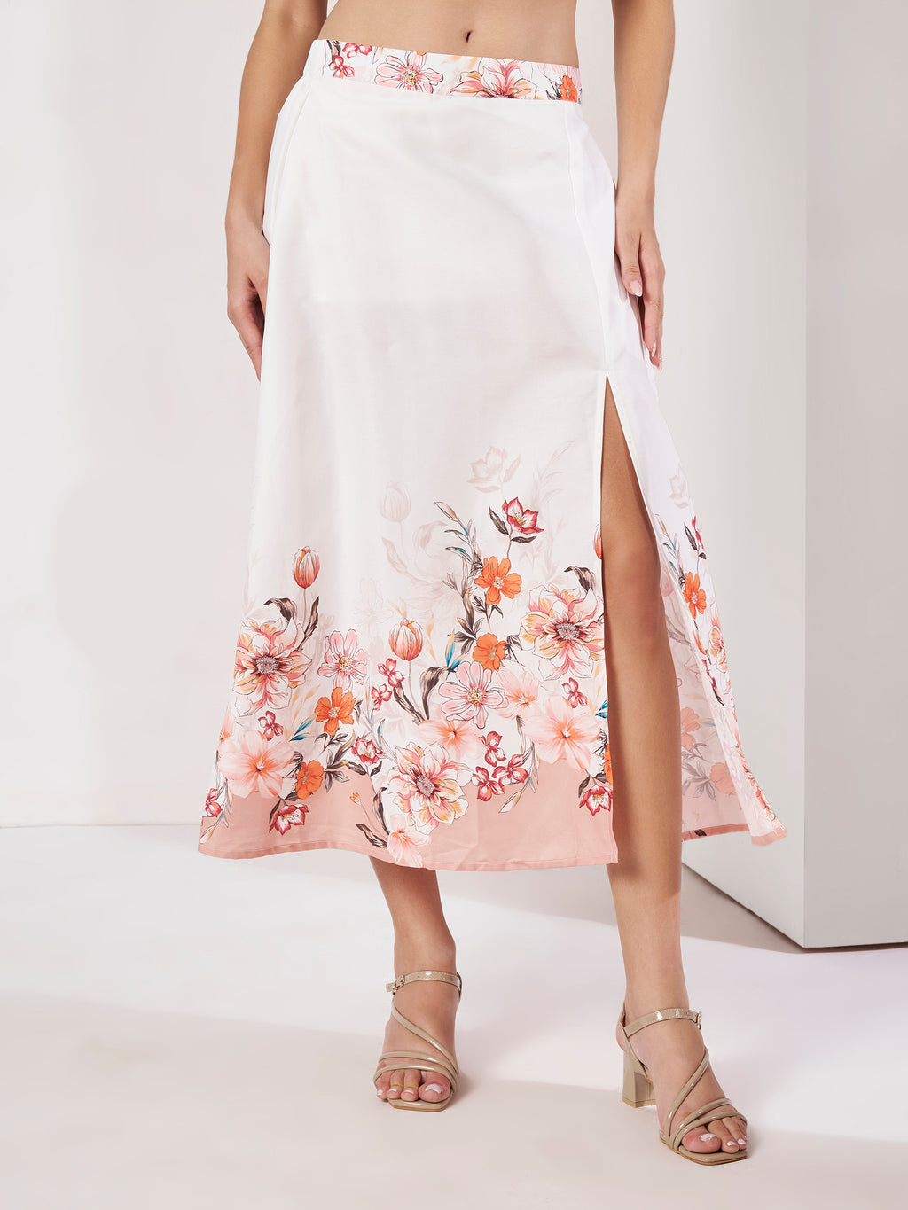 Women's White Floral Crop Top & Wrap Midi Skirt Co-Ord Set