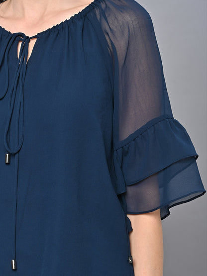 Valbone Women’s Blue Color Solid Top With Half-Sleeves
