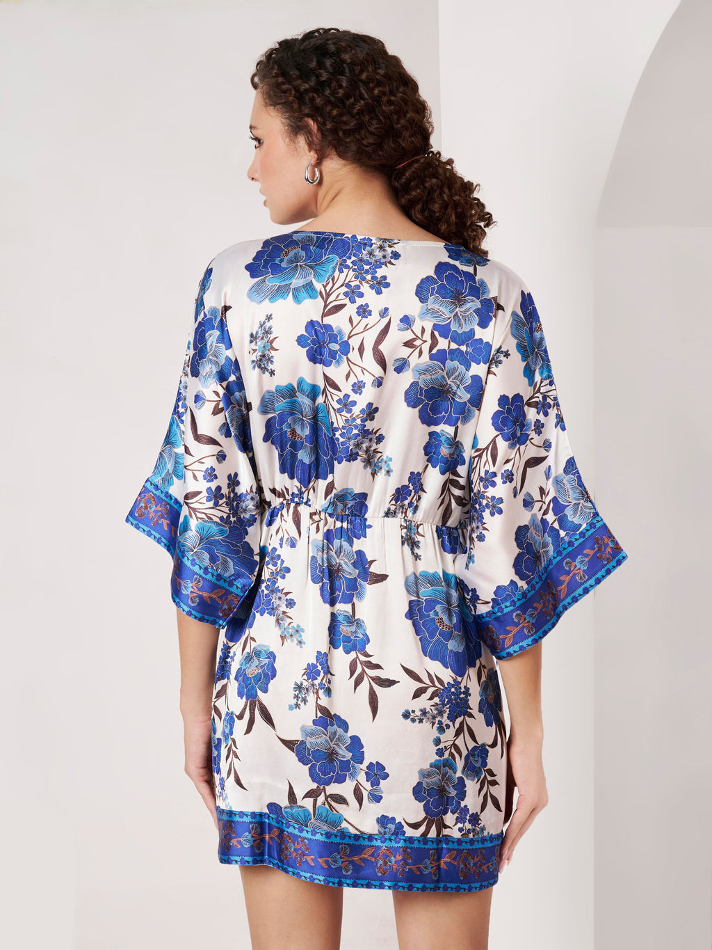 Women's Blue Floral Kimono Wrap Mini Dress