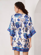 Women's Blue Floral Kimono Wrap Mini Dress