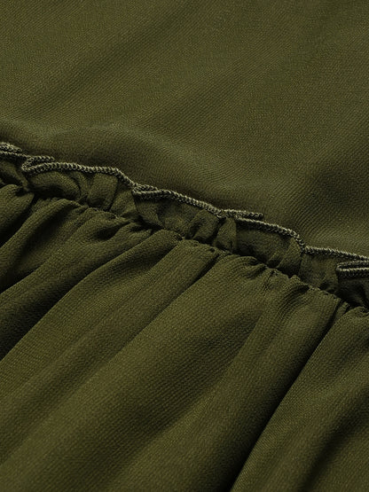 Valbone Women’s Olive Green Georgette Solid Top With Short-Sleeves