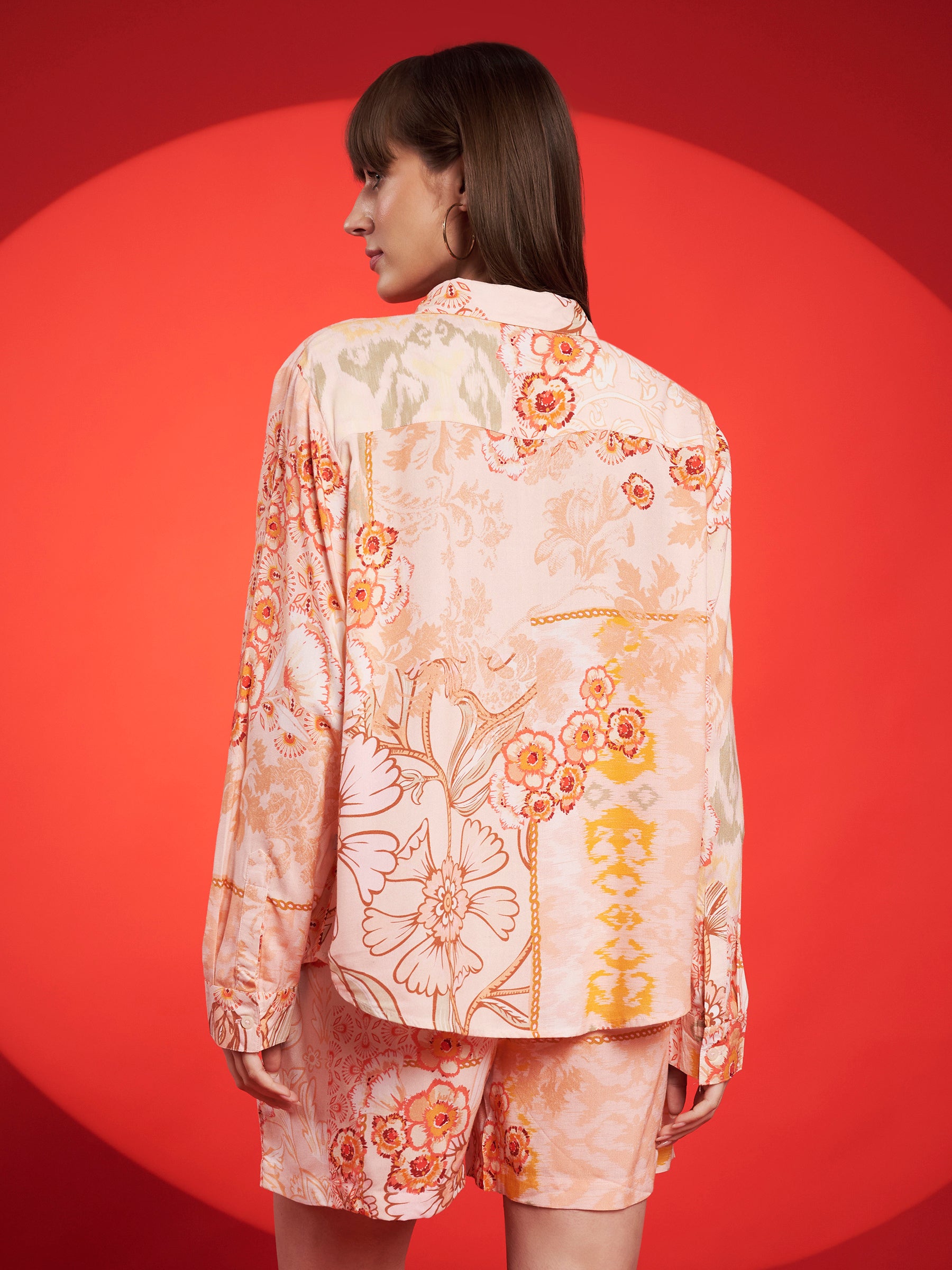 Peach & Mustard Floral Shirt-Shorts Co-Ord Set
