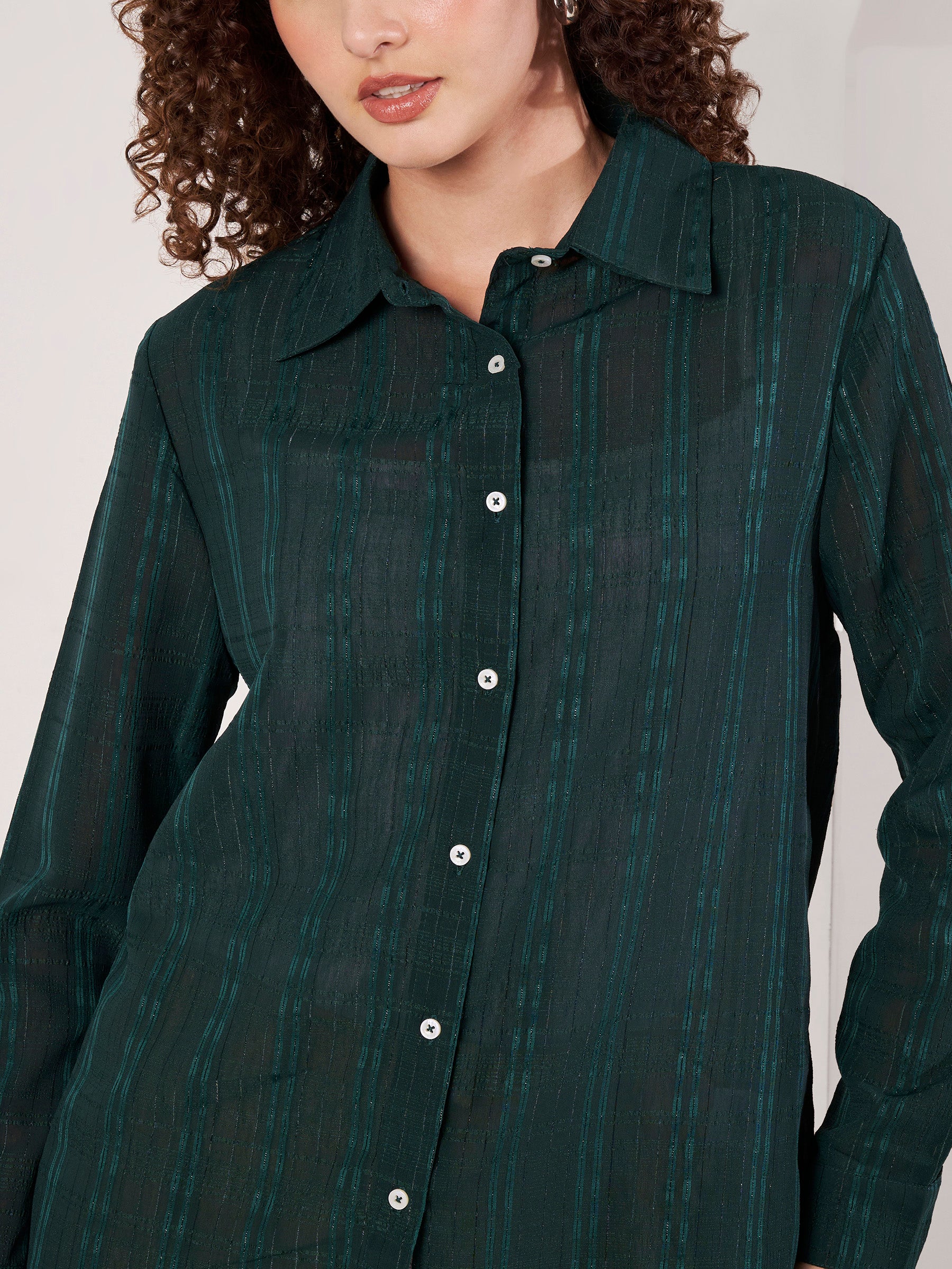 Women Dark Green Textured Regular Fit Full Sleeve Casual Shirt