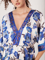 Women's Blue Floral Kimono Wrap Mini Dress