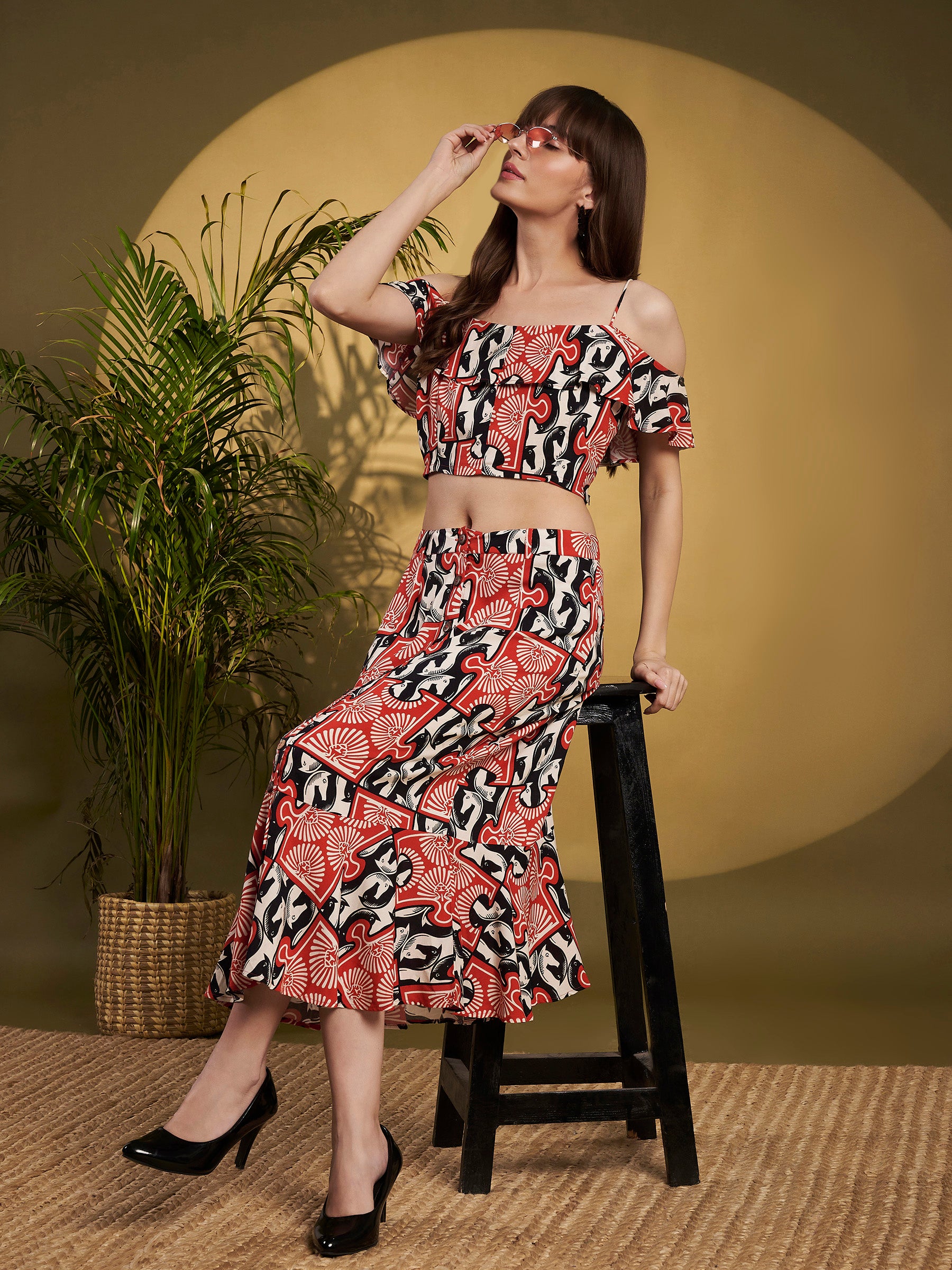 Red & Black Statement Ruffle Co-Ord Set