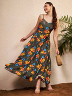 Women's Olive Green Floral Printed Tiered Maxi Dress | Sleeveless Tie-Up Waist Summer Dress