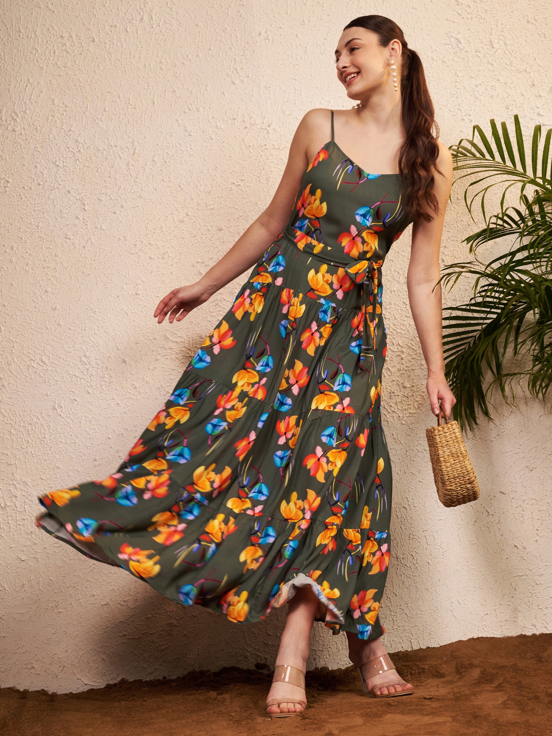 Women's Olive Green Floral Printed Tiered Maxi Dress | Sleeveless Tie-Up Waist Summer Dress