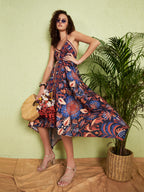 Women's White & Blue Floral Kimono Sleeve Wrap Mini Dress