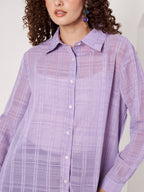 Women Lavender Checked Regular Fit Full Sleeve Casual Shirt