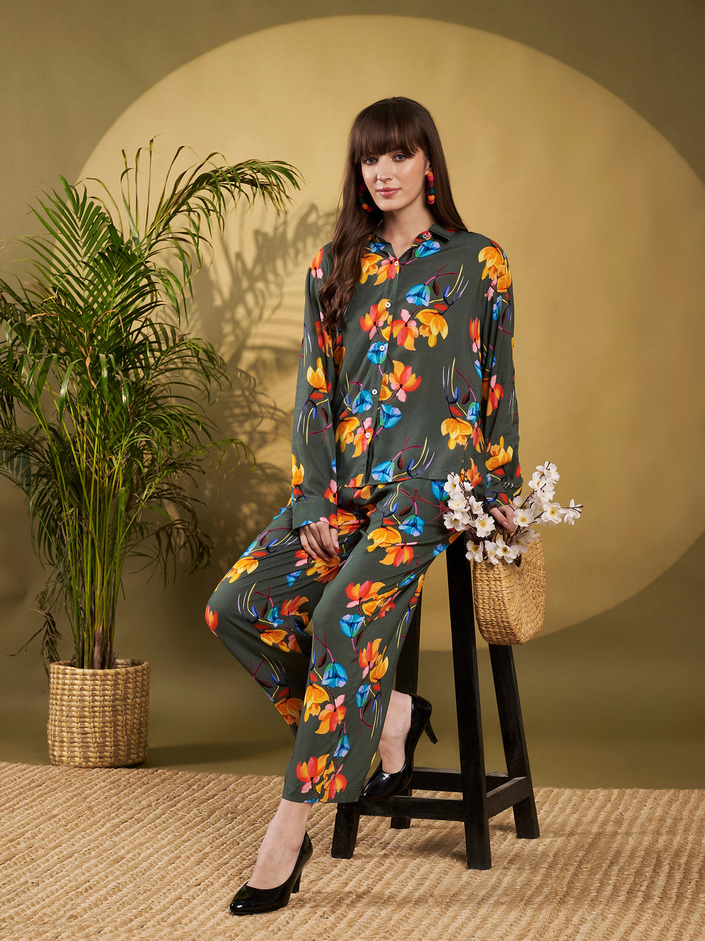 Olive Green Floral Printed Co-Ord Set