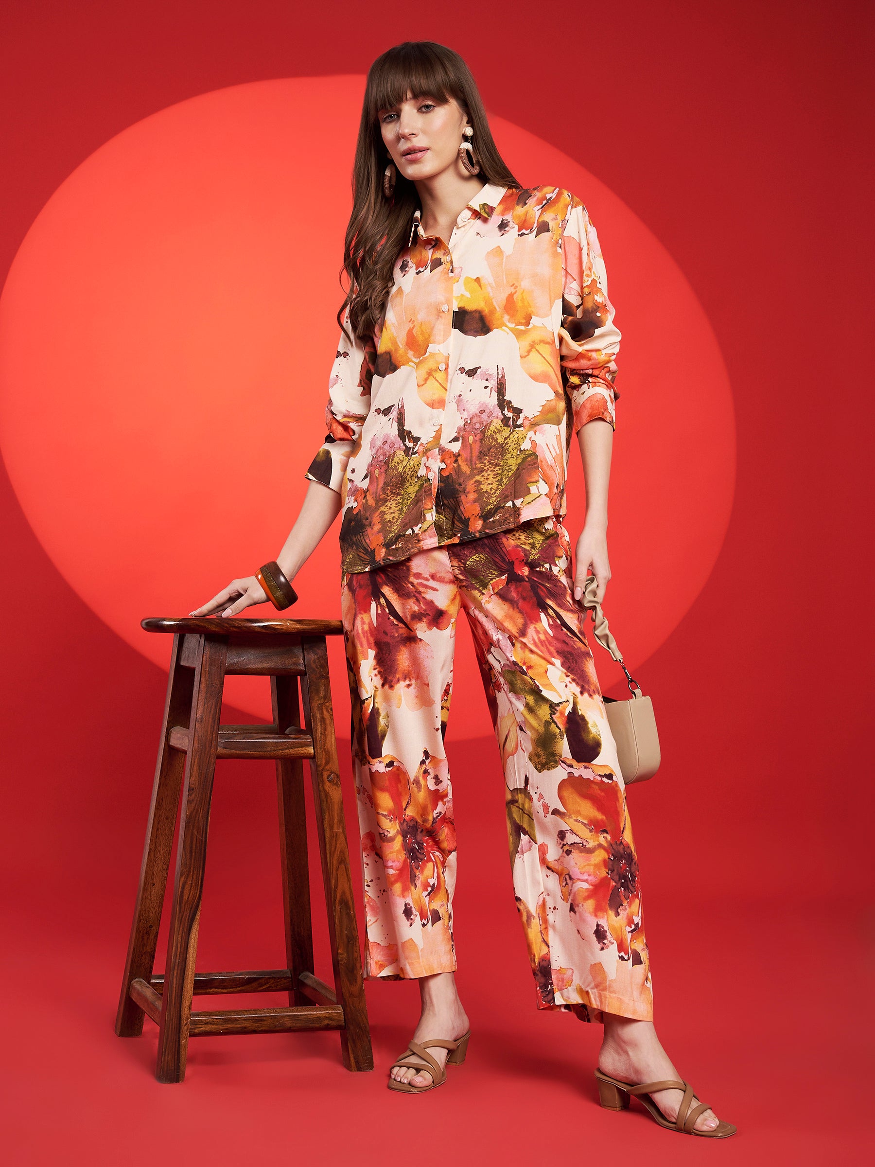 Peach & Rust Floral Printed Co-Ord Set
