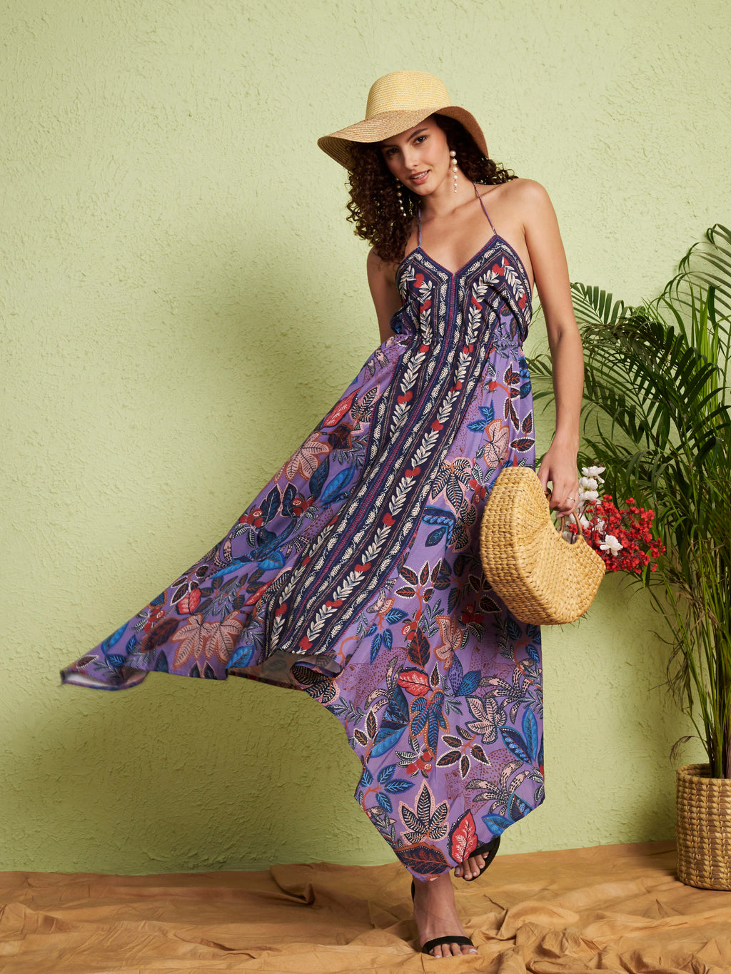 Women's Purple Floral Handkerchief Hem Midi Dress