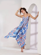 Women's White & Blue Floral Handkerchief Hem Maxi Dress