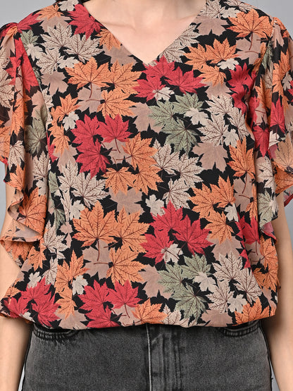 Valbone Women’s Orange Georgette Print Top Short Sleeves