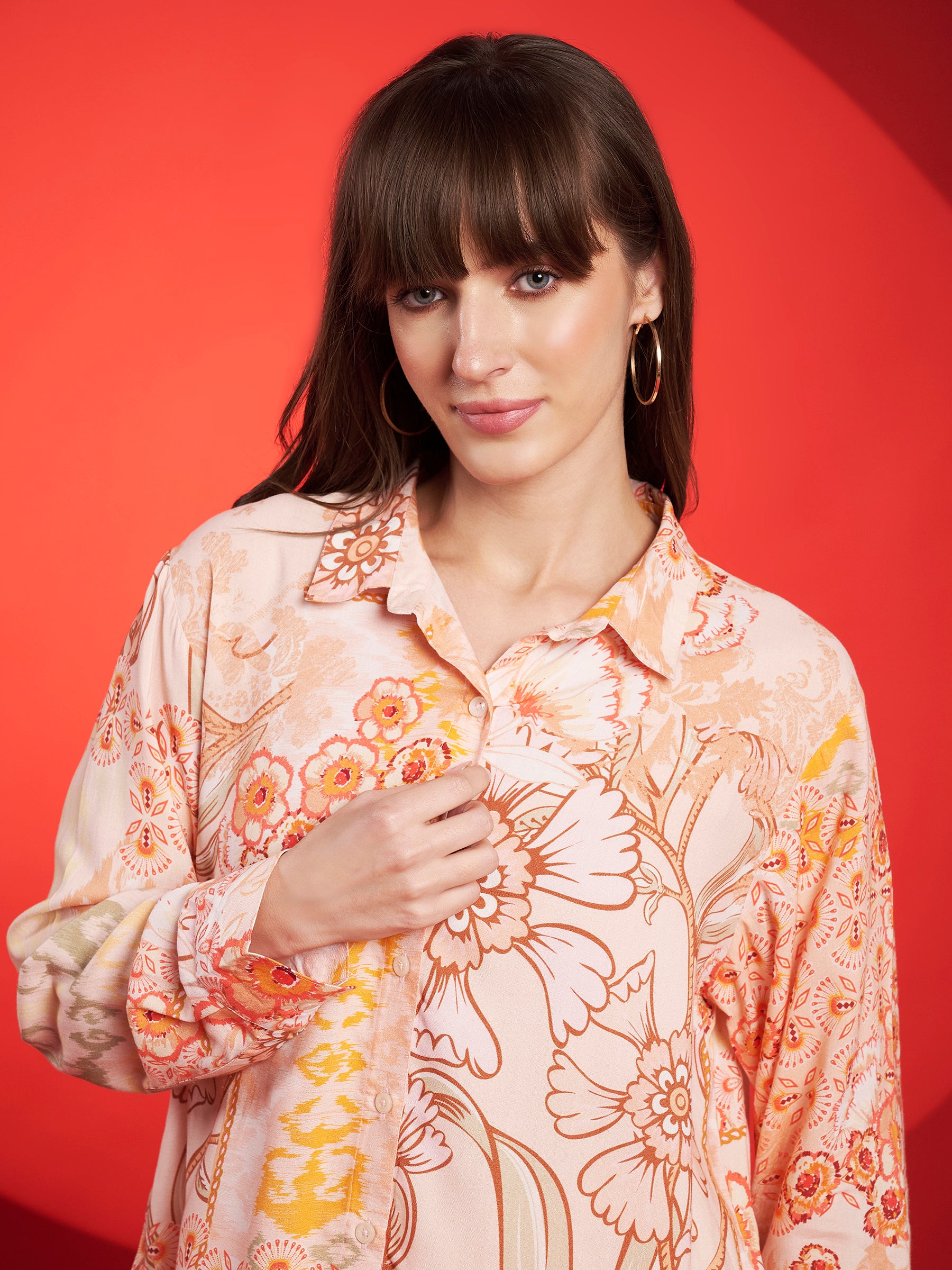 Peach & Mustard Floral Shirt-Shorts Co-Ord Set