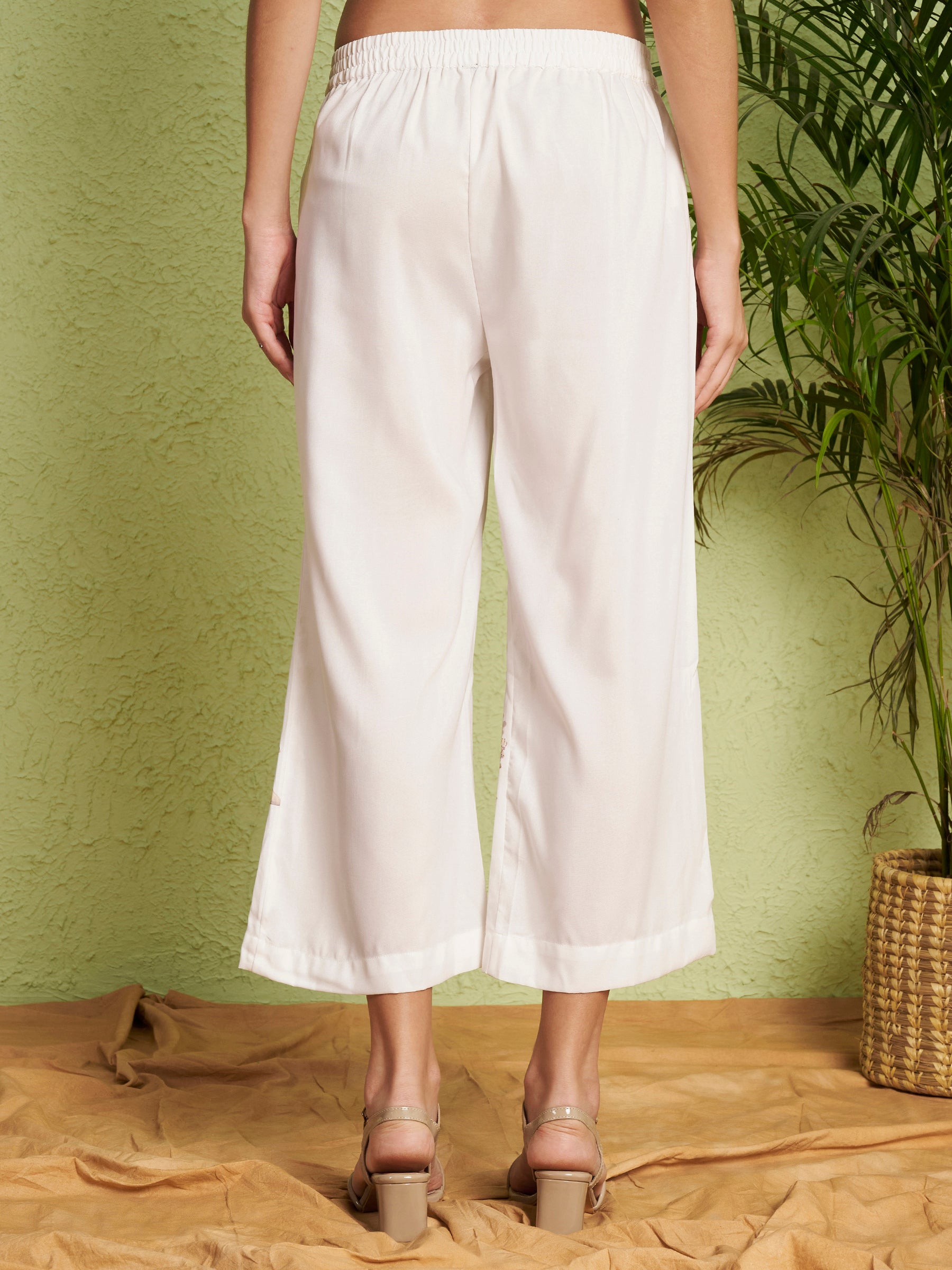 White Floral Peplum Top & Wide-Leg Pants Co-Ord Set