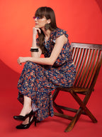 Navy Floral Belted Midi Dress