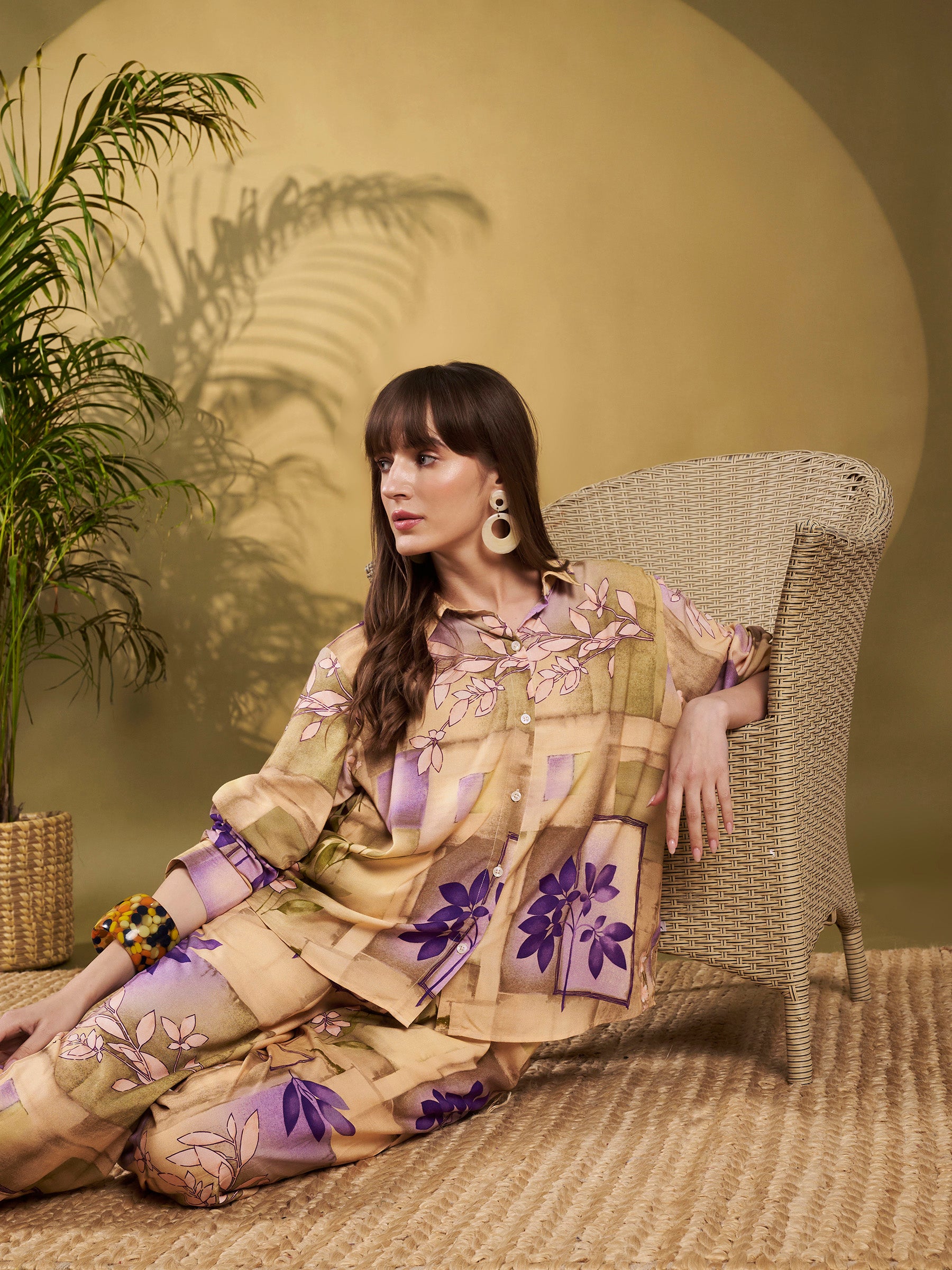 Beige & Lavender Abstract Floral Co-Ord Set