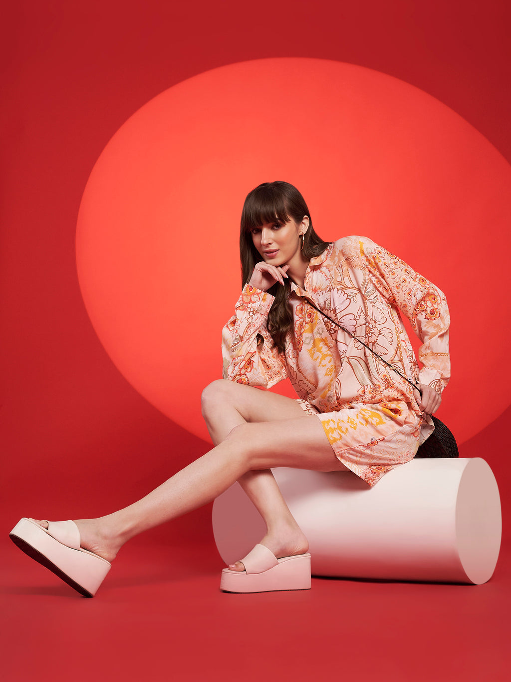 Peach & Mustard Floral Shirt-Shorts Co-Ord Set