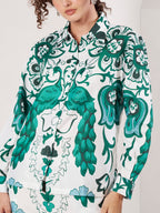 Women's White & Green Ornamental Print Shirt & Straight-Fit Pants Co-Ord Set