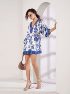 Women's Blue Floral Kimono Wrap Mini Dress